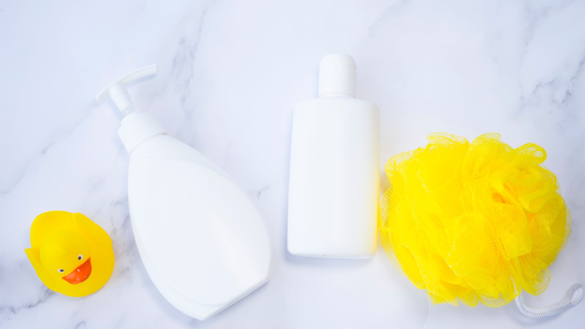 Body care products, washcloth and rubber duck