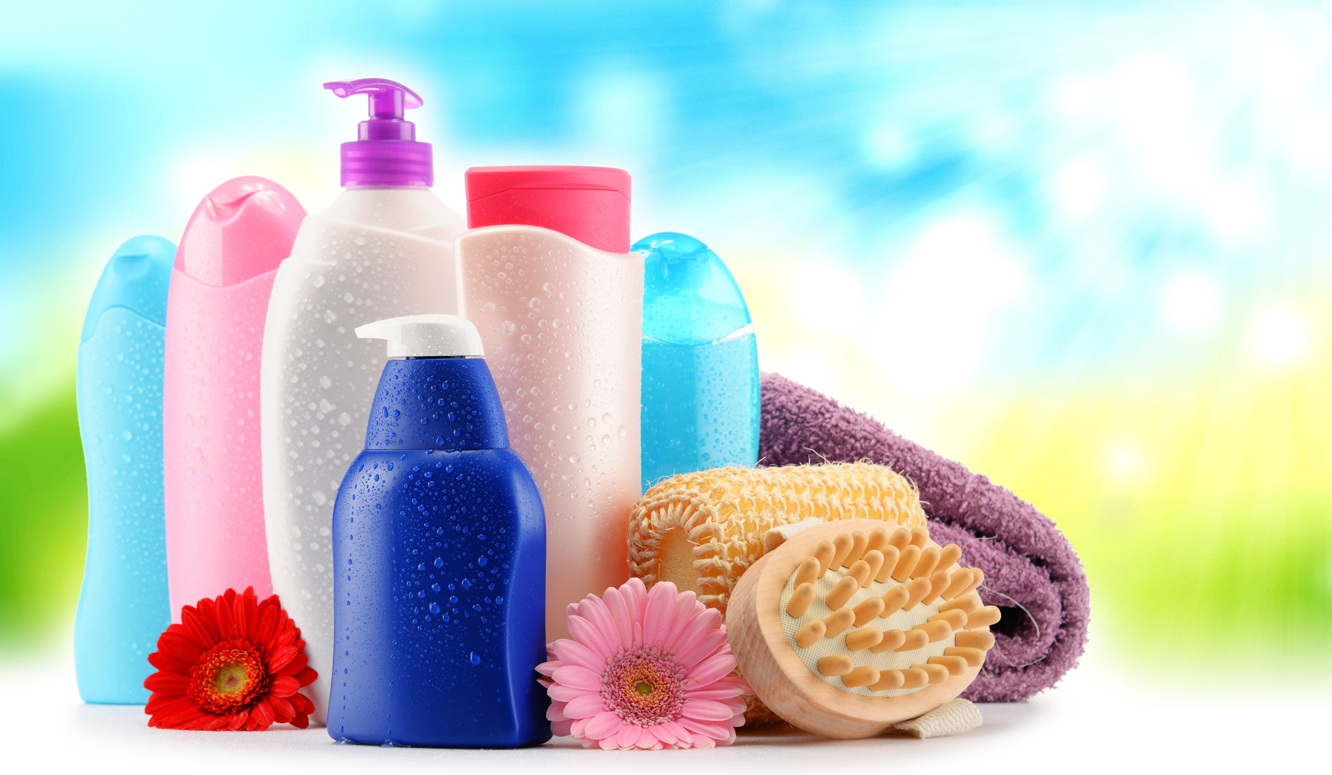 Plastic bottles of body care and beauty products