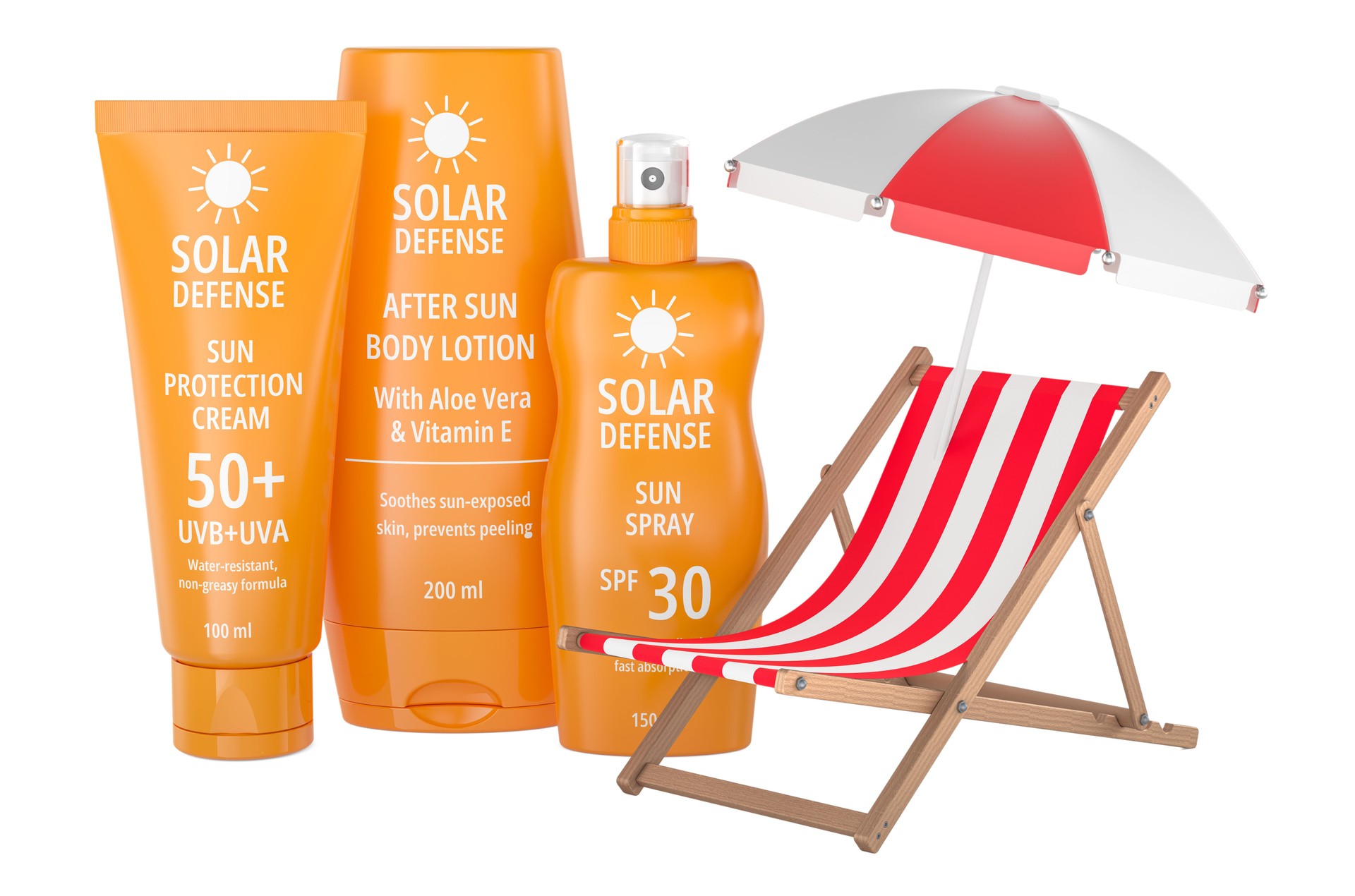 Sun protection and after sun care set with beach chair and umbrella. Summer Skincare concept. 3D rendering